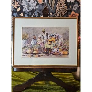 Vintage Emerson Art Print Women Gathering Flowers Marketplace Wall Art Signed